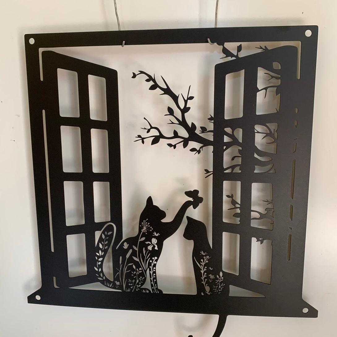Cats In The Window Metal Wall Art, Cat Lovers Metal Wall Room Decor, Couple Cats On Windowsill Laser Cut Metal Sign, Pet Lover Metal Sign