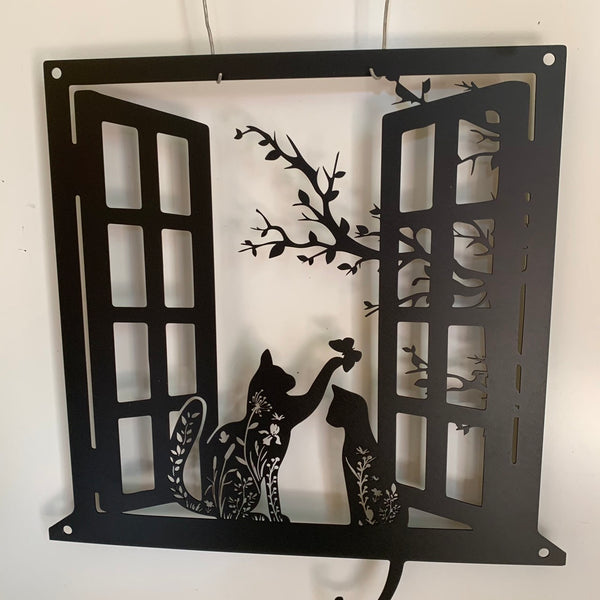 Cats In The Window Metal Wall Art, Cat Lovers Metal Wall Room Decor, Couple Cats On Windowsill Laser Cut Metal Sign, Pet Lover Metal Sign