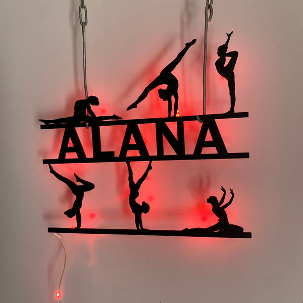 Custom Gymnastics Metal Wall Art Led Lights, Personalized Girl Gymnast Metal Name Sign, Gymnastics Sport Kid Room Metal Wall Led Sign