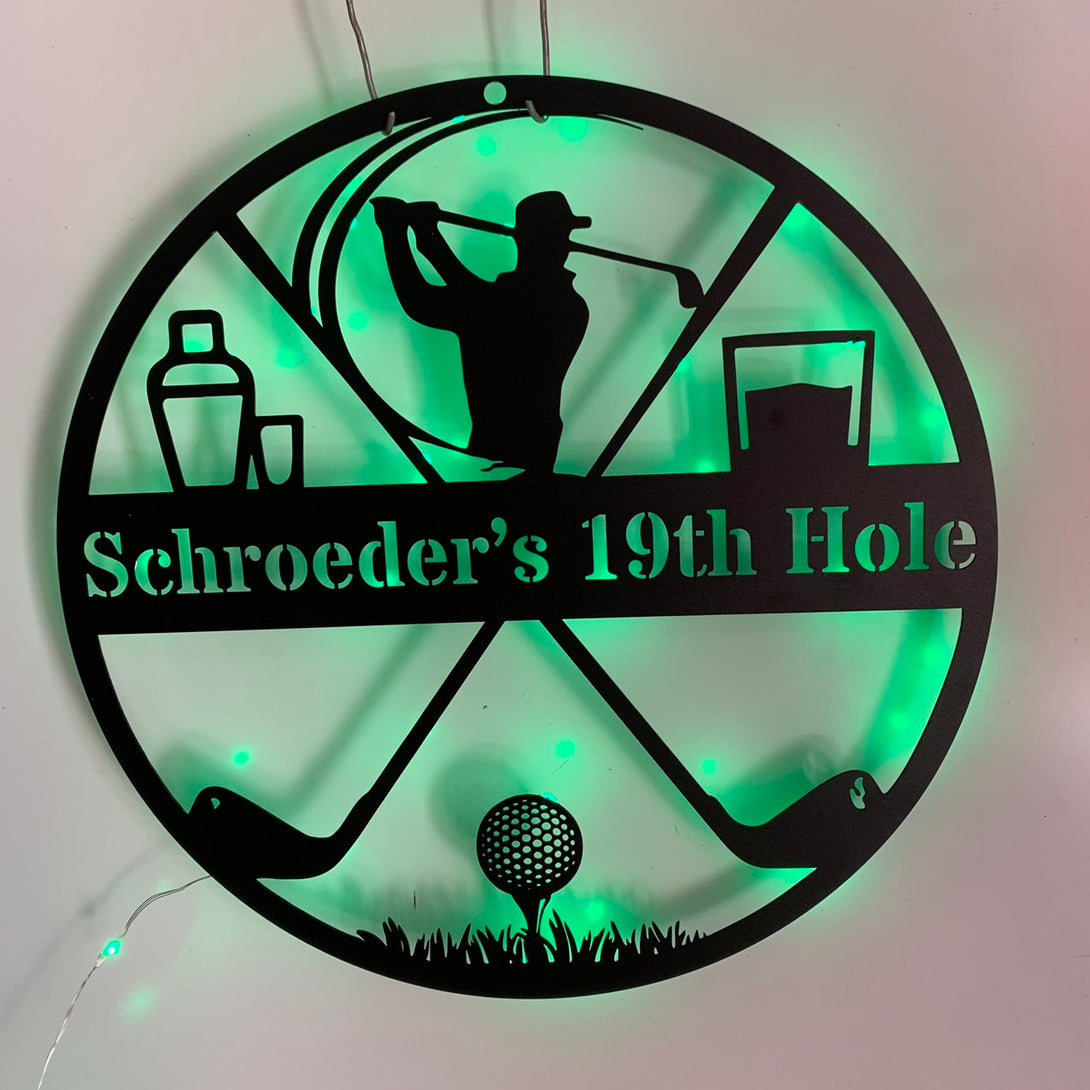 Custom Name Golfer Metal Sign With Led Light, Personalized 19th Hole Golf Club Metal Decoration, Golf Ball And Golf Sticks Metal Wall Art Decor