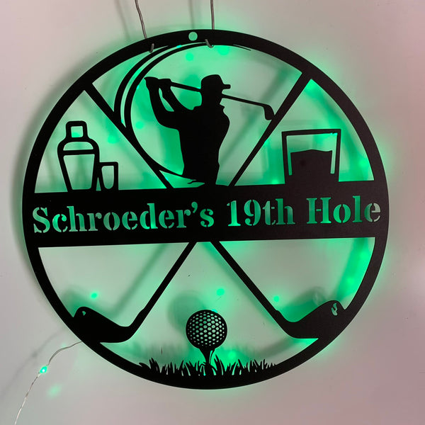 Custom Name Golfer Metal Sign With Led Light, Personalized 19th Hole Golf Club Metal Decoration, Golf Ball And Golf Sticks Metal Wall Art Decor