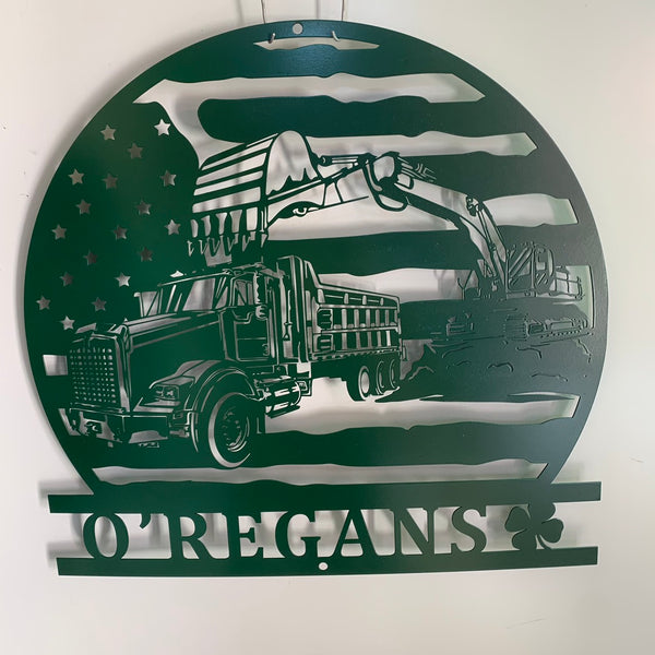 Us Excavator Loading Truck Metal Wall Art With Custom Text, Personalized Excavator Driver Metal Name Sign, Construction Truck Excavator Metal Sign