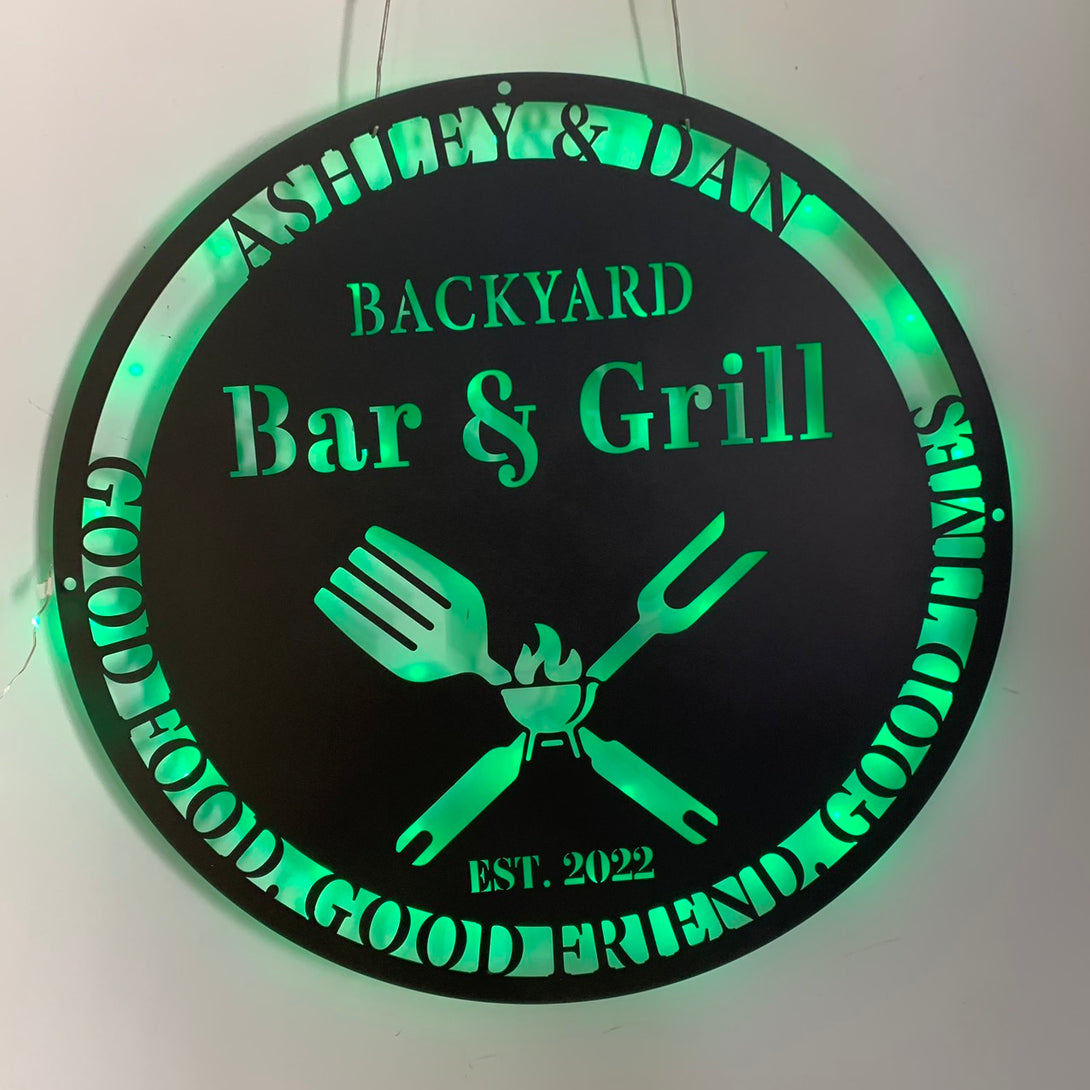 Personalized Bar & Grill Metal Wall Art With Led Lights, Custoom Patio Backyard Metal Name Sign, Bar & Bbq Grill Poolside Metal Led Sign