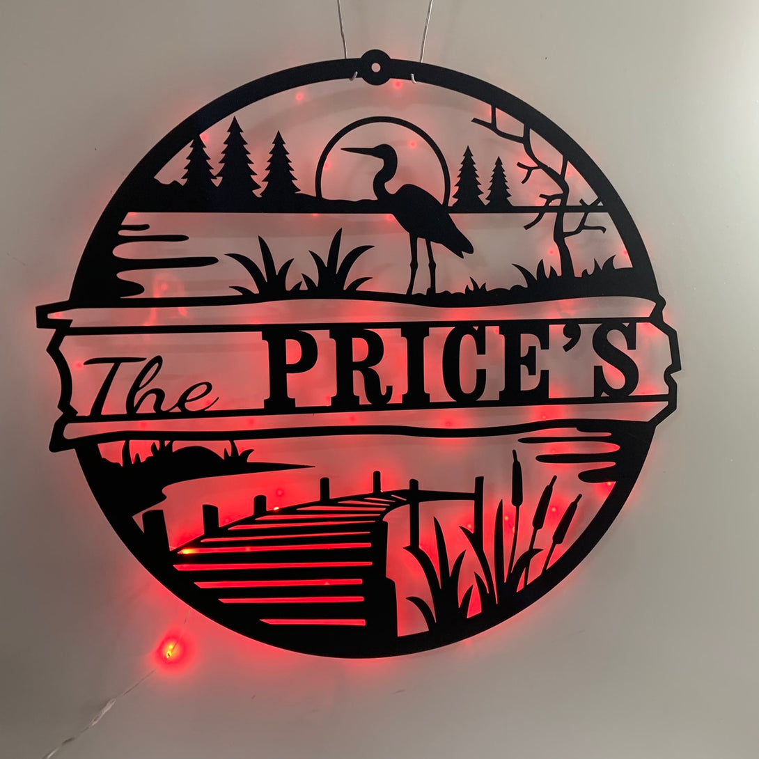 Custom Heron Pond View Metal Wall Art With Led Lights, Personalized Heron Name Sign Decoration For Room, Heron Farm Metal Wall Sign