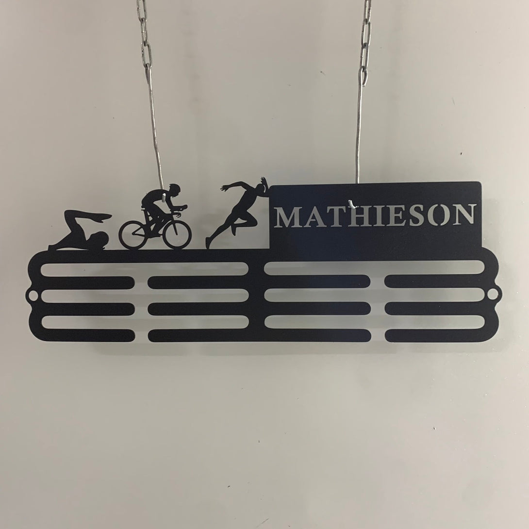 Custom Name Triathlon Medal Holder, Triathlon Medal Hanger With Name, 12 Rungs For Medals & Ribbons, Triathlon Athletics Award Medal Display