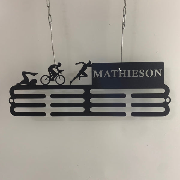 Custom Name Triathlon Medal Holder, Triathlon Medal Hanger With Name, 12 Rungs For Medals & Ribbons, Triathlon Athletics Award Medal Display