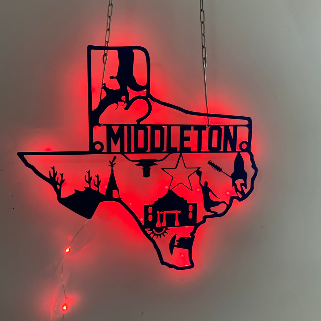 Texas State Metal Wall Art Led Light, Custom Texas Metal Name Sign, Texas Family Name Wall Led Sign, Texas Cowboys Sign, Texas Football Sign