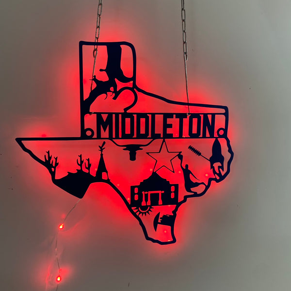 Texas State Metal Wall Art Led Light, Custom Texas Metal Name Sign, Texas Family Name Wall Led Sign, Texas Cowboys Sign, Texas Football Sign