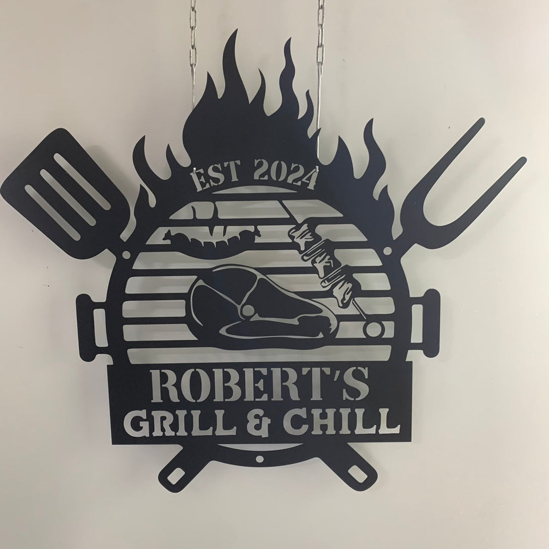 Custom Chill & Grill Backyard Metal Sign, Personalized Barbecue Metal Wall Art, Grill Bar Sign Metal Wall Decor, Barbecue Backyard Metal Signs