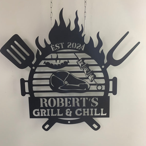 Custom Chill & Grill Backyard Metal Sign, Personalized Barbecue Metal Wall Art, Grill Bar Sign Metal Wall Decor, Barbecue Backyard Metal Signs