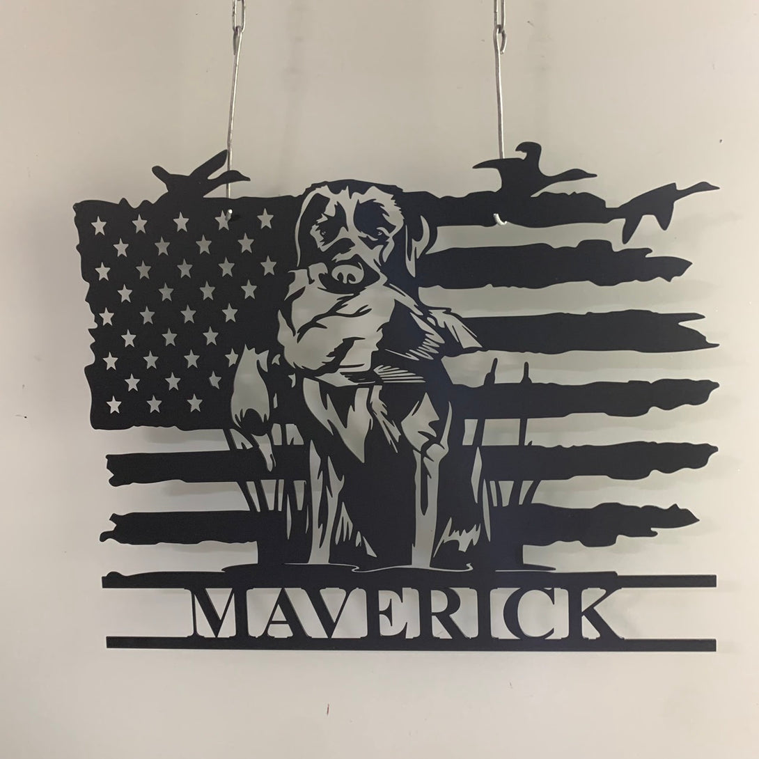 Custom Us Flag Labrador Dog Hunting Metal Wall Sign, Personalized Duck Hunter Metal Name Sign, Dog Hunter Man Cave Metal Wall Art