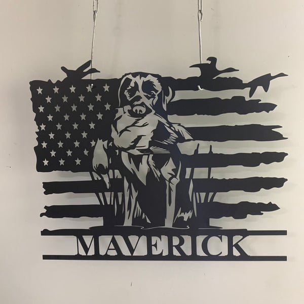 Custom Us Flag Labrador Dog Hunting Metal Wall Sign, Personalized Duck Hunter Metal Name Sign, Dog Hunter Man Cave Metal Wall Art