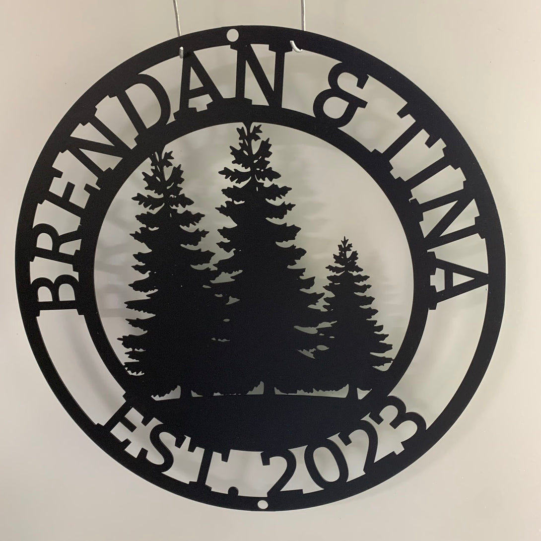 Custom Pine Tree Monogram Metal Wall Art, Personalized Metal Pine Tree Wall Sign, Pine Tree Forest Metal Family Name Sign Decor