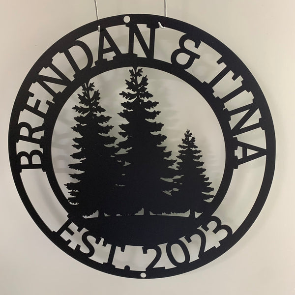 Custom Pine Tree Monogram Metal Wall Art, Personalized Metal Pine Tree Wall Sign, Pine Tree Forest Metal Family Name Sign Decor