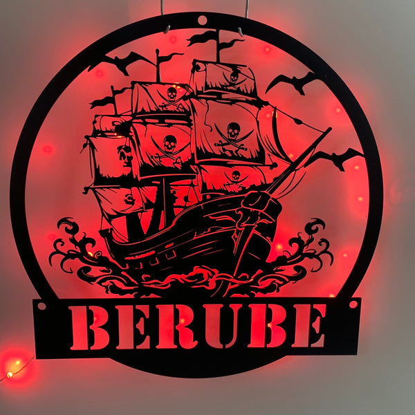 Custom Pirate Ship Metal Wall Art With Led Lights, Personalized Pirate Ship Metal Name Sign, Pirate Ship Kids Room Metal Wall Led Decor