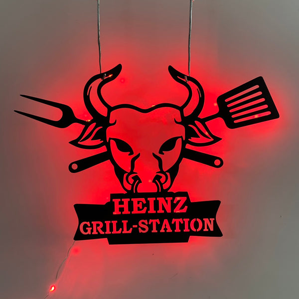 Custom Grill Metal Wall Art With Led Light, Backyard Bbq Metal Home Decor, Personalized Grilling Bbq Patio Porch Sign, Barbecue Led Sign