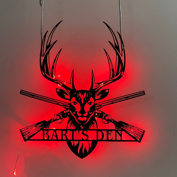 Custom Deer Head With Guns Metal Sign Led Lights, Personalized Deer Hunter Metal Wall Art, Deer Hunting Man Cave Cabin Metal Wall Hanging