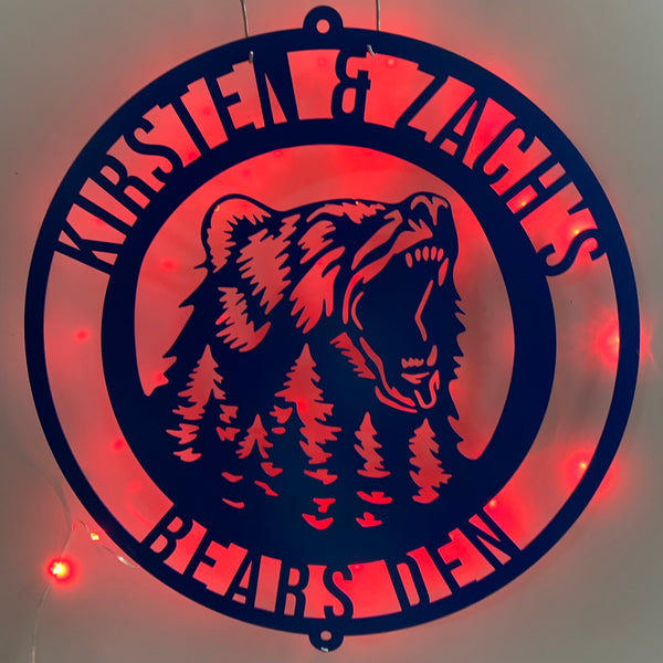 Custom Grizzly Bear Metal Wall Art Led Light, Personalized Growling Bear Metal Name Sign, Roar Bear Wild Animal Monogram Metal Wall Led Sign