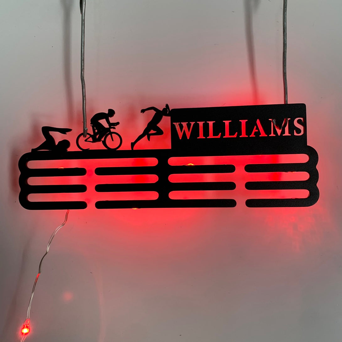 Custom Triathlon Medal Holder Led Lights, Triathlon Medal Hanger With Name, 12 Rungs For Medals & Ribbons, Triathlon Athletics Award Medal Display