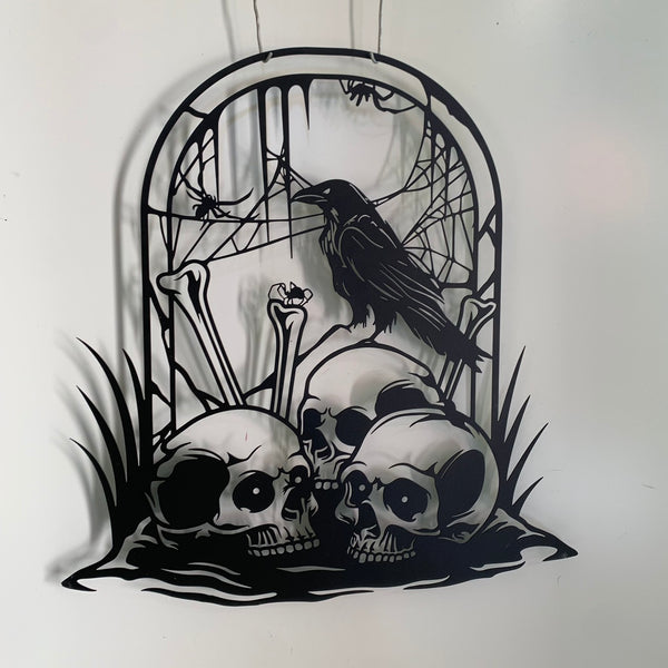 Halloween Raven With Skulls Metal Wall Art, Raven And Skull Graveyard Art Metal Name Sign, Raven And Skull Gothic Metal Wall Decor