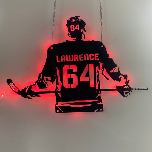 Custom Hockey Metal Wall Art With Led Lights, Personalized Hockey Player Metal Name Sign, Ice Hockey Jersey Metal Wall Led Sign