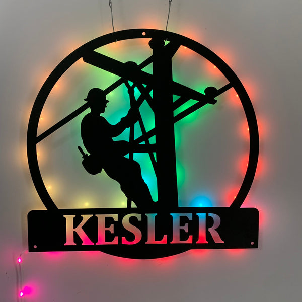 Custom Lineman Metal Wall Art Led Light, Personalization Electrician Metal Sign, Electricial Lineman Wall Decor, Line Worker Led Metal Name Sign