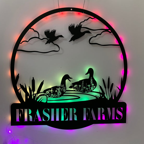 Custom Duck Metal Sign With Led Lights, Duck Pond View Farm Sign, Personalized Duck Metal Farmhouse Wall Sign, Floral Duck Farm Name Sign