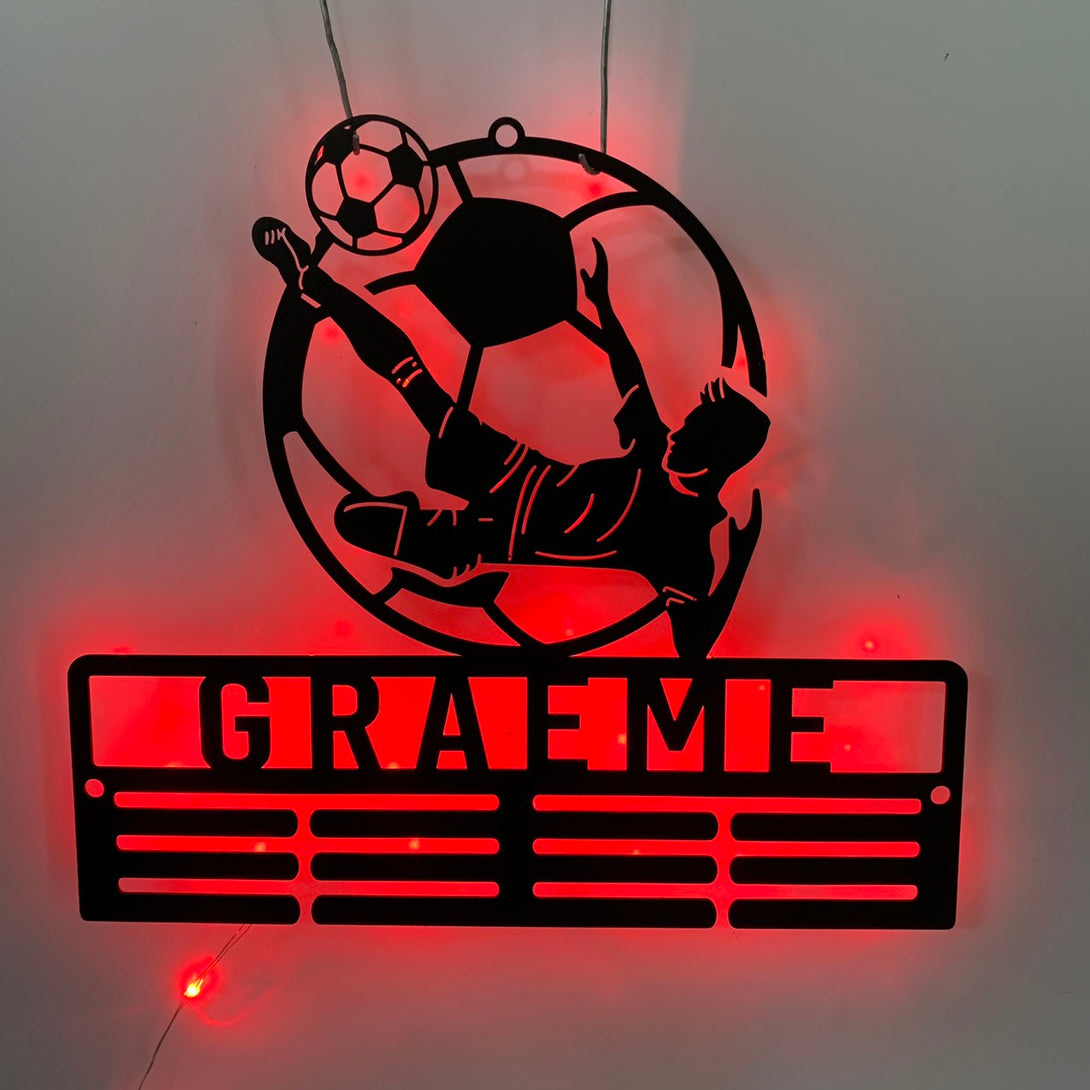Personalized Soccer Medal Holder With Led Light, Custom Football Player Name Medal Hanger, Soccer Medal Display Awards Metal Wall Sign