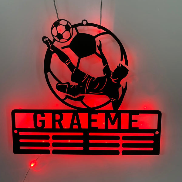 Personalized Soccer Medal Holder With Led Light, Custom Football Player Name Medal Hanger, Soccer Medal Display Awards Metal Wall Sign