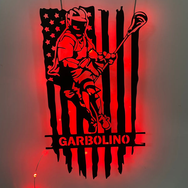 Us Flag Lacrosse Player Metal Wall Art With Led Light, Personalized Lacrosse Players Metal Name Sign, Lacrosse Sports Kids Room Led Metal Sign