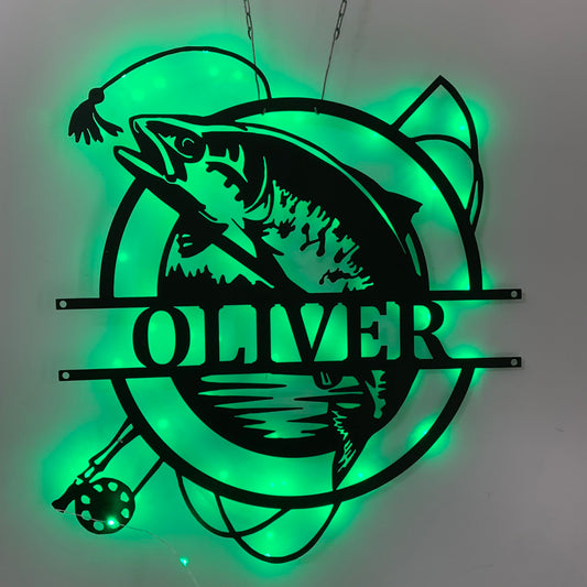 Personalized Trout Fishing Fish Metal Wall Art Led Light, Custom Trout Fishing Metal Sign, Trout Fishing Lake House Metal Cabin Lodge Wall Decor