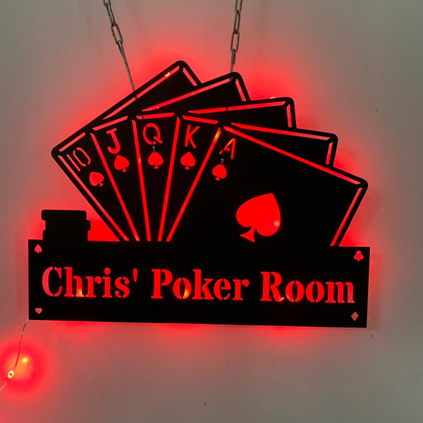 Custom Pocker Cards Metal Wall Art Led Light, Personalized Casino Club Metal Sign, Custom Poker Gamer Metal Name Sign, Game Zone Metal Wall Decor