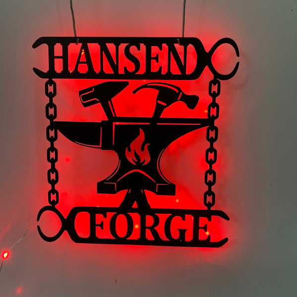 Customized Blacksmith Metal Wall Art With Led Light,personalized Blacksmith Flame Anvil & Hammer Forge Metal Sign, Blacksmith Led Metal Sign