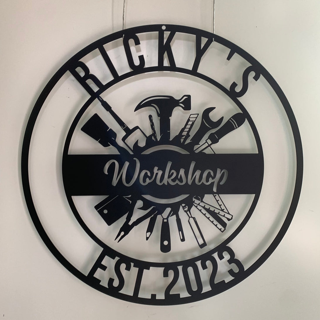 Custom Workshop Monogram Metal Wall Art, Personalized Workshop Mechanic Metal Name Sign, Tools Repair Carpenter Man Cave Metal Wall Decor