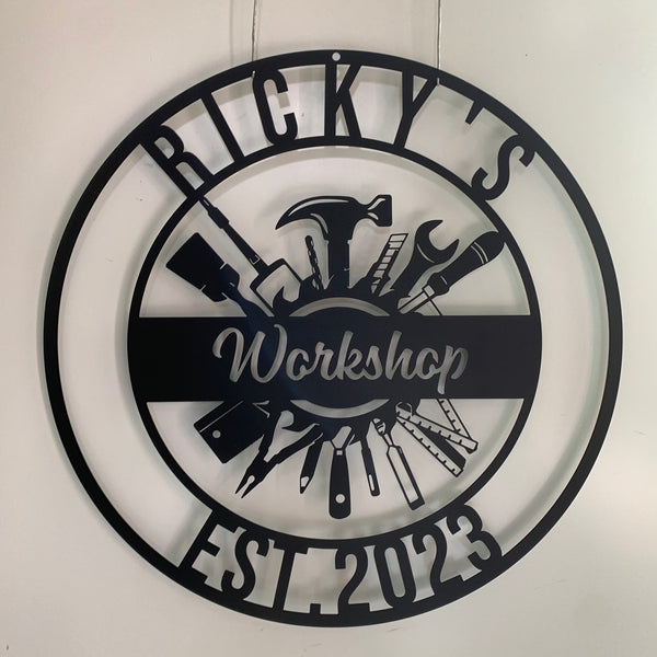 Custom Workshop Monogram Metal Wall Art, Personalized Workshop Mechanic Metal Name Sign, Tools Repair Carpenter Man Cave Metal Wall Decor