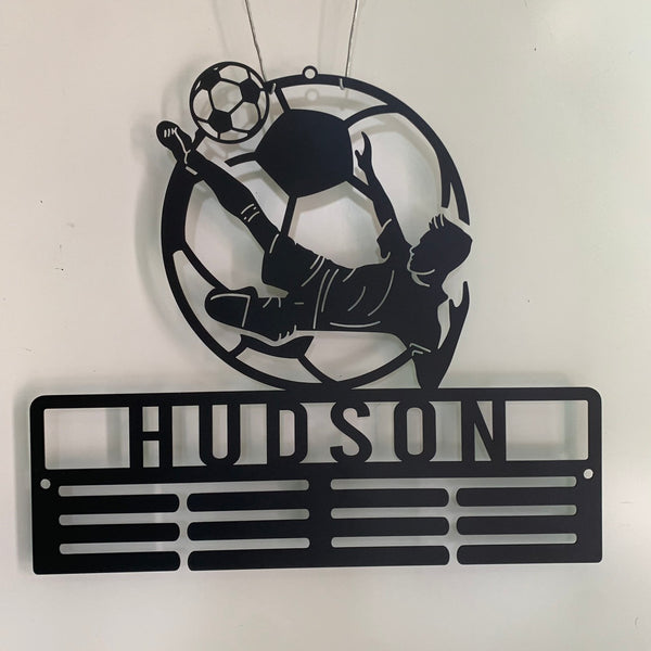 Personalized Soccer Medal Holder, Custom Football Player Name Medal Hanger, 12 Rungs For Medals & Ribbons, Soccer Sport Metal Wall Sign