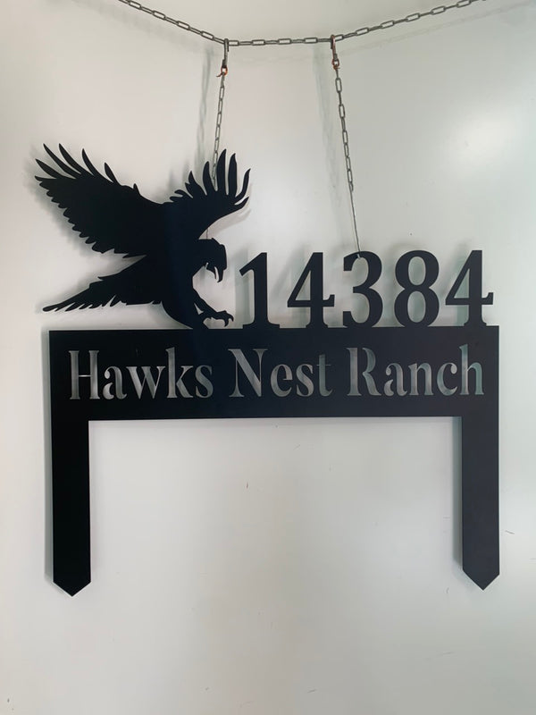 Eagle Hawk Bird Metal Yard Address Sign With Stakes, Custom House Street Number Garden Sign, Hawks Nest Ranch Metal Farmhouse Stake