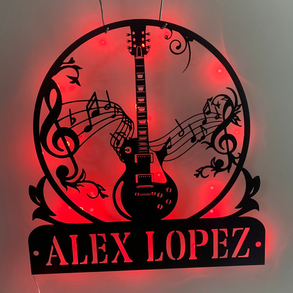Custom Guitar Musical Instument Metal Wall Art Led Light, Personalized Guitar Metal Name Sign, Guitar Music Studio Metal Wall Led Sign Decor