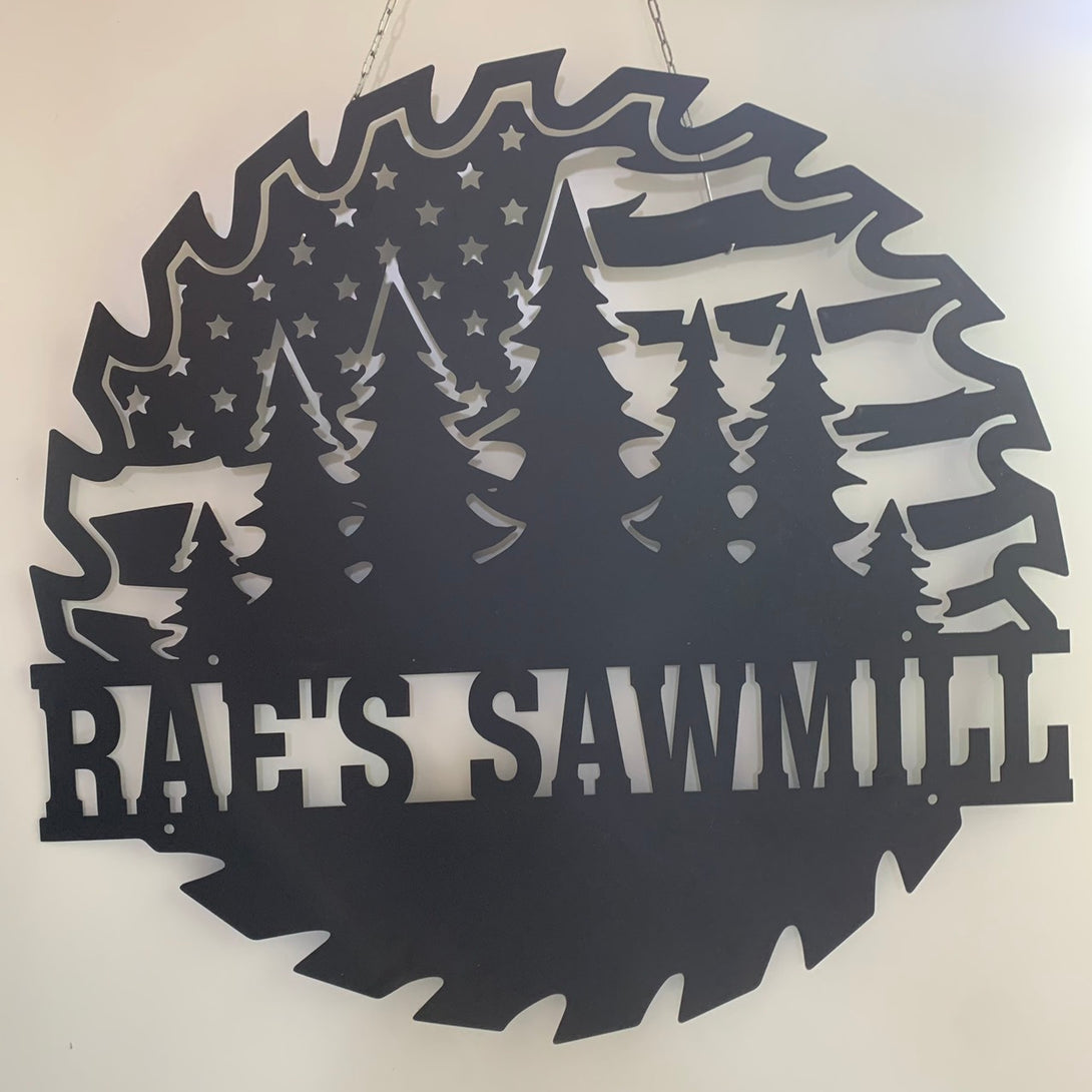 Custom Chainsaw Lumber Metal Wall Art, Personalized Lumberyard Woodworker Metal Name Sign, Sawmill Man Cave Cabin Metal Wall Sign Decor