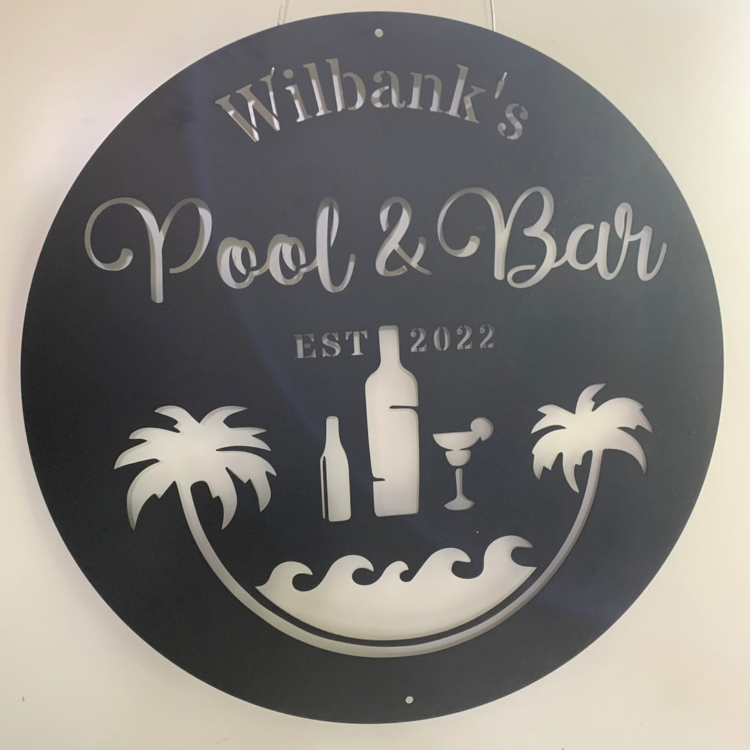 Custom Pool & Bar Beach House Metal Wall Art, Palm Tree Drink Bar Metal Name Sign, Swimming Pool Patio Metal Wall Sign, Poolside Outdoor Metal Sign