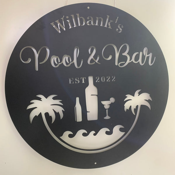 Custom Pool & Bar Beach House Metal Wall Art, Palm Tree Drink Bar Metal Name Sign, Swimming Pool Patio Metal Wall Sign, Poolside Outdoor Metal Sign
