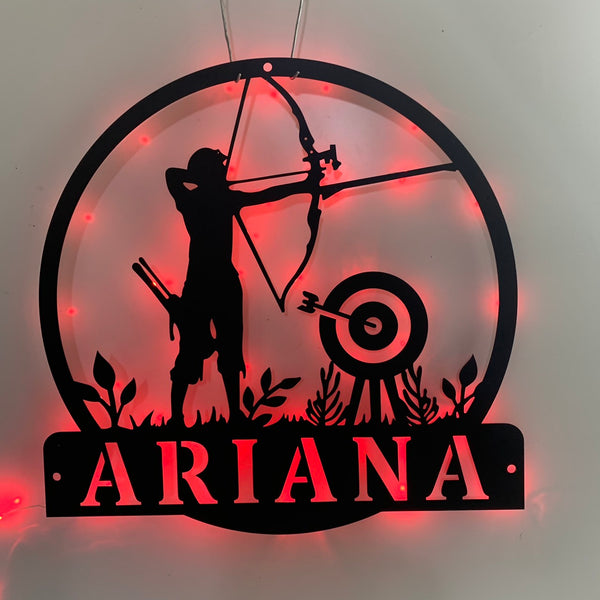 Personalized Archery Metal Wall Art With Led Lights, Custom Archer Name Led Metall Sign, Archery Sport Metal Led Wall Decor