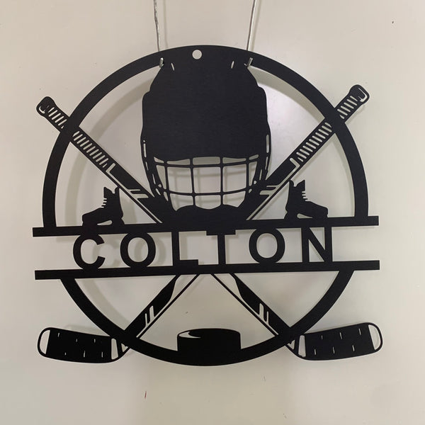 Custom Hockey Stick & Helmet & Shoes Metal Wall Art, Personalized Ice Hockey Player Name Metal Sign, Hockey Sport Metal Wall Sign Decor