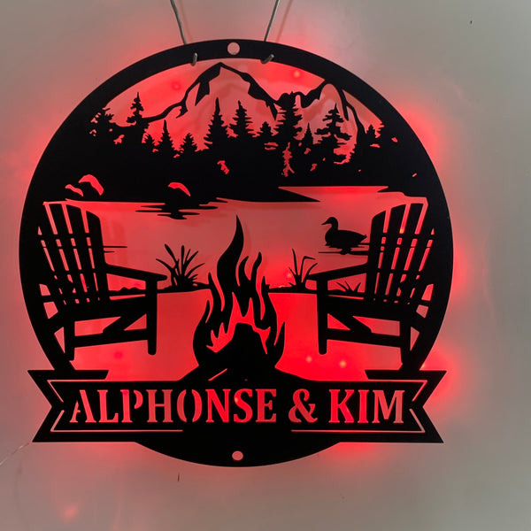 Personalized Fire Pit Lake House Metal Sign Led Light, Camping Metal Wall Art, Custom Campfire River House Sign, Campsite Fire Pit Metal Wall Sign