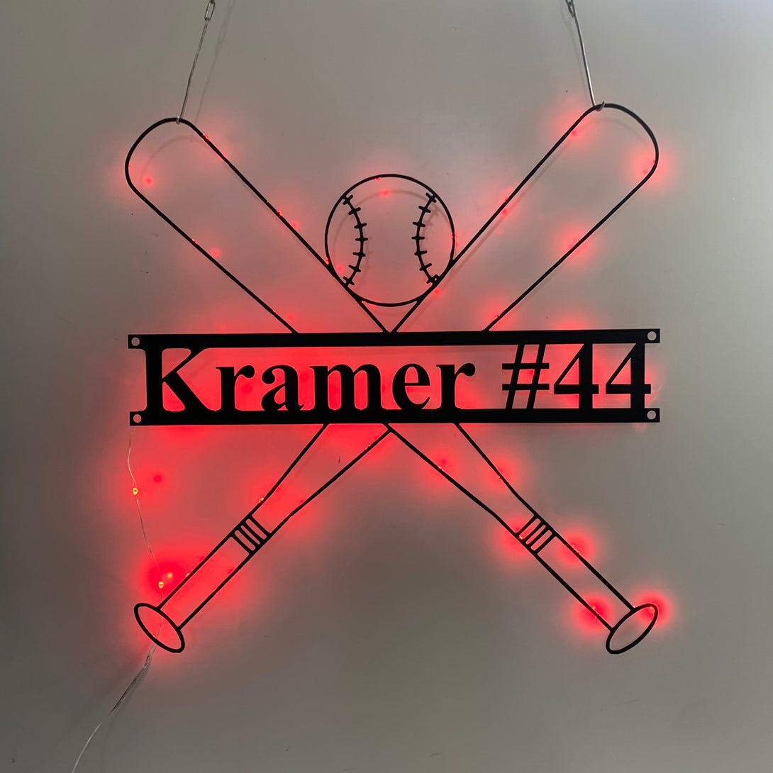 Custom Baseball Bat Metal Line Art With Led Light, Personalized Baseball Player Metal Name Sign, Softball Lovers Kid Nursery Metal Wall Sign
