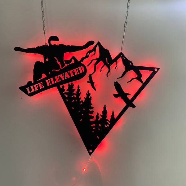 Custom Snow Skiing Winter Sport Metal Wall Art Led Light, Alpine Downhill Skier Metal Name Sign, Snowboarder And Mountain Scene Metal Sign