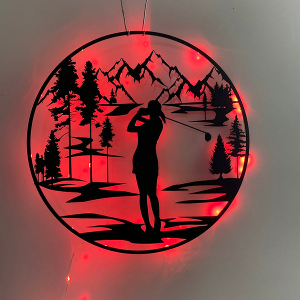 Custom Golfing Mountain Scene Metal Sign Led Light, Personalized Female Golfer Metal Name Sign, 19th Hole Golf Club Patio Metal Led Sign