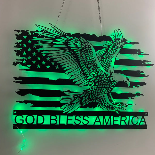 Custom American Eagle Metal Wall Art Led Lights, Personalized Eagle Us Flag Metal Name Sign, Us Flag 4th Of July Metal Wall Hanging