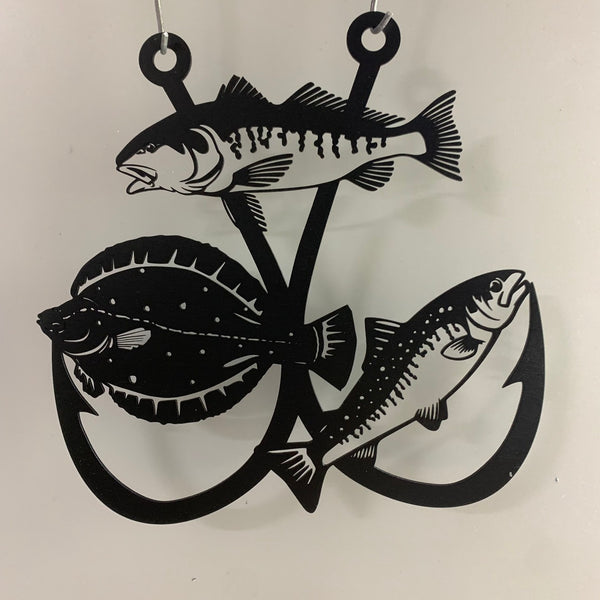 Industrial Rustic Metal Double Fishing Hook With Trout Flounder And Redfish Metal Sign, Fish And Hooks Metal Wall Art Man Cave Sign