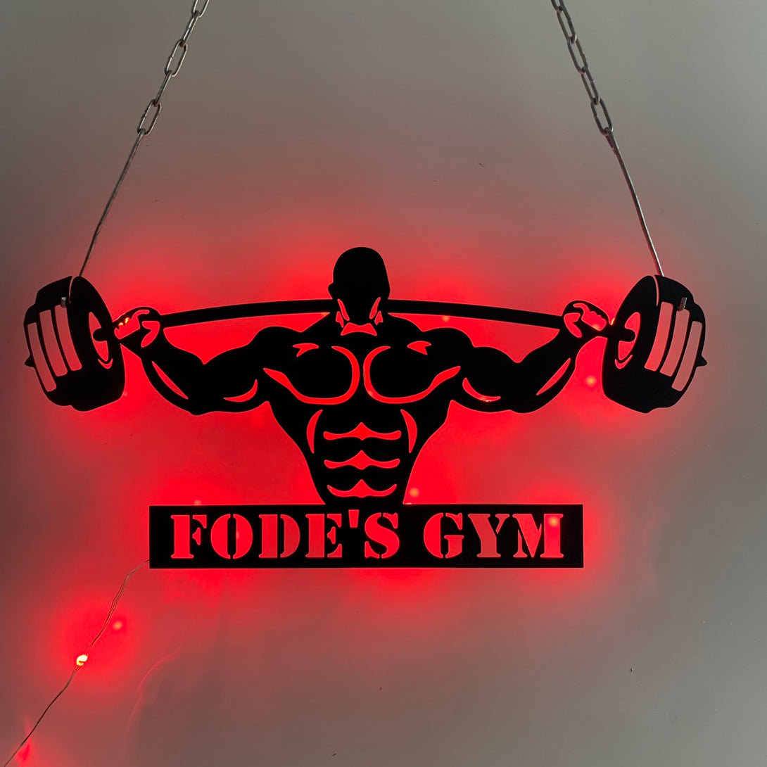 Custom Man Powerlifting Workout Metal Sign Led Lights, Personalized Weightlifting Metal Name Sign, Bodybuilder Gym Fitness Metal Wall Sign